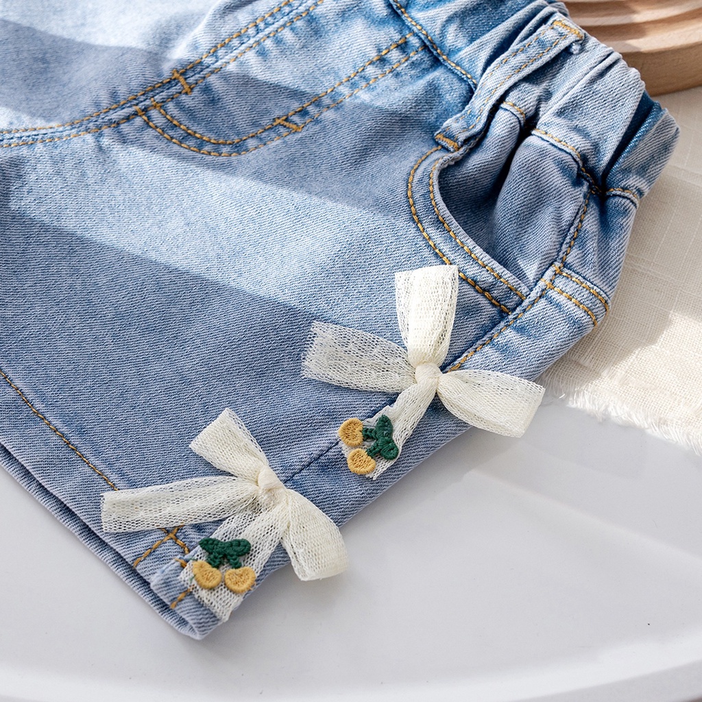Quần Short Denim Đính Nơ Thời Trang Mùa Hè Cho Bé Gái