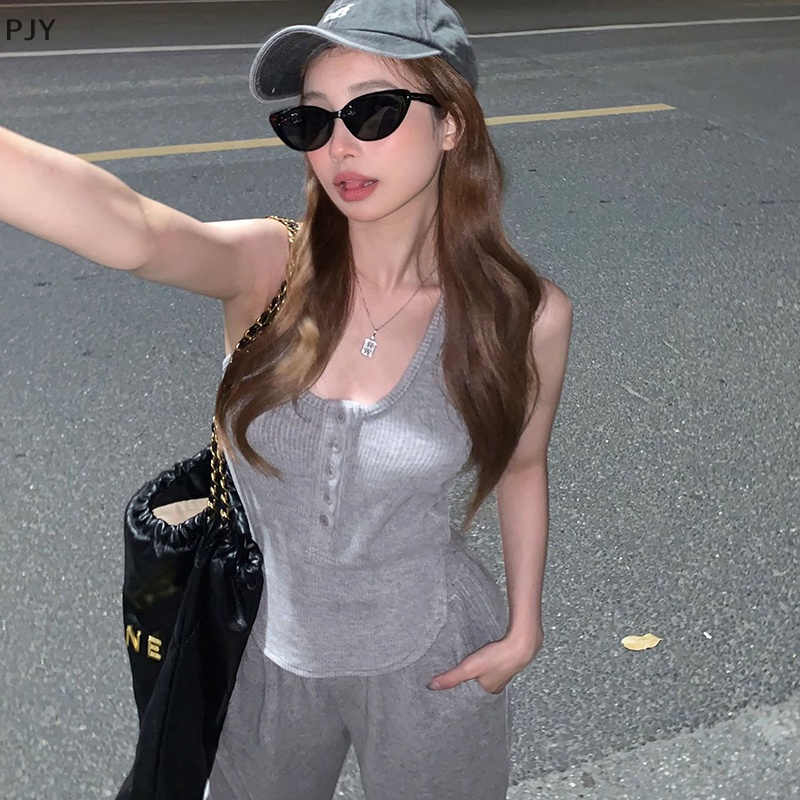 Set Đồ Thể Thao Hai Mảnh Gồm Áo Hai Dây Màu Xám Và Quần Dài Ống Rộng Mẫu Mới 2023 Thời Trang Mùa Hè Cho Nữ PJ