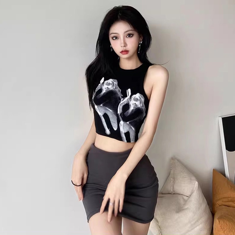 Áo Croptop Sát Nách Cổ Tròn Phong Cách Retro Mỹ