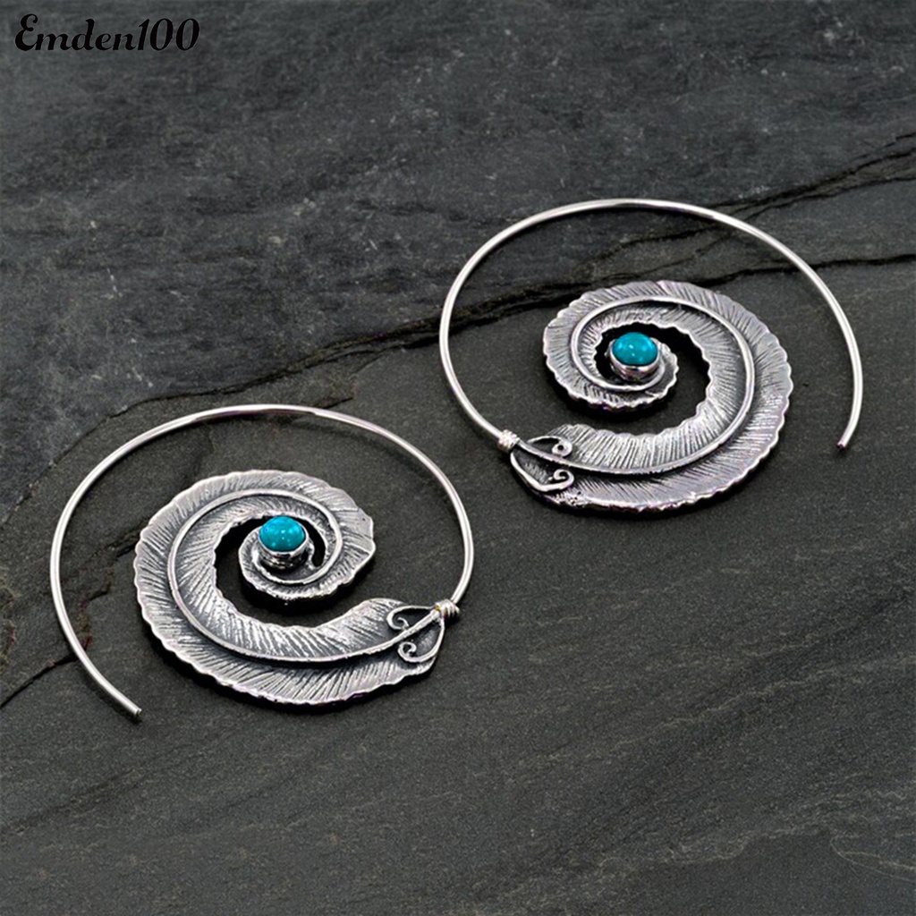 1 Đôi Bông Tai Tròn Khắc Hình Lông Vũ Đính Đá Ngọc Lam Giả Phong Cách Boho Cổ Điển Thời Trang Cho Nữ