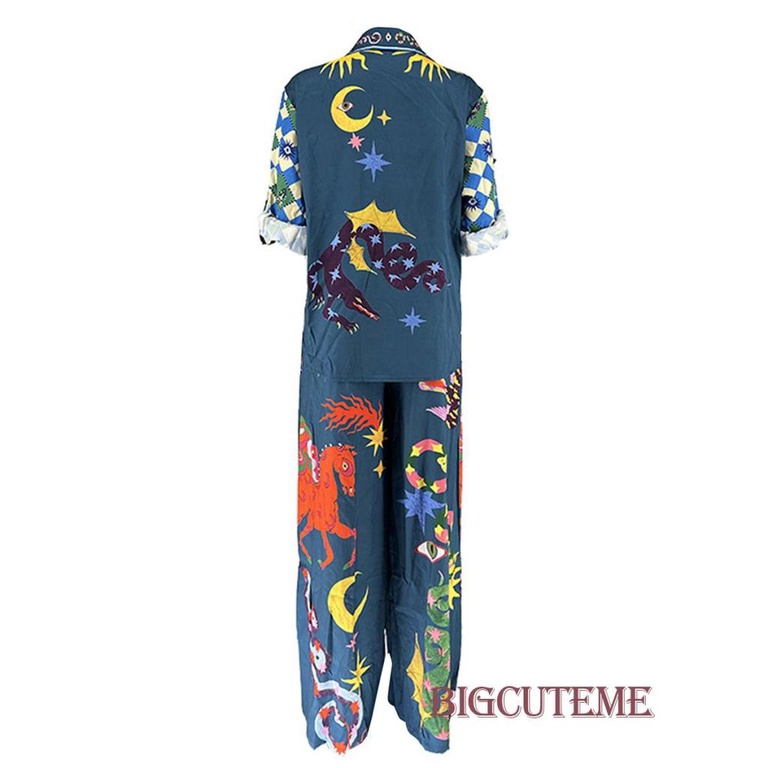 Set Áo Sơ Mi 2 Dây + Quần Dài Cài Nút In Họa Tiết Phong Cách Đường Phố Cá Tính Cho Nữ