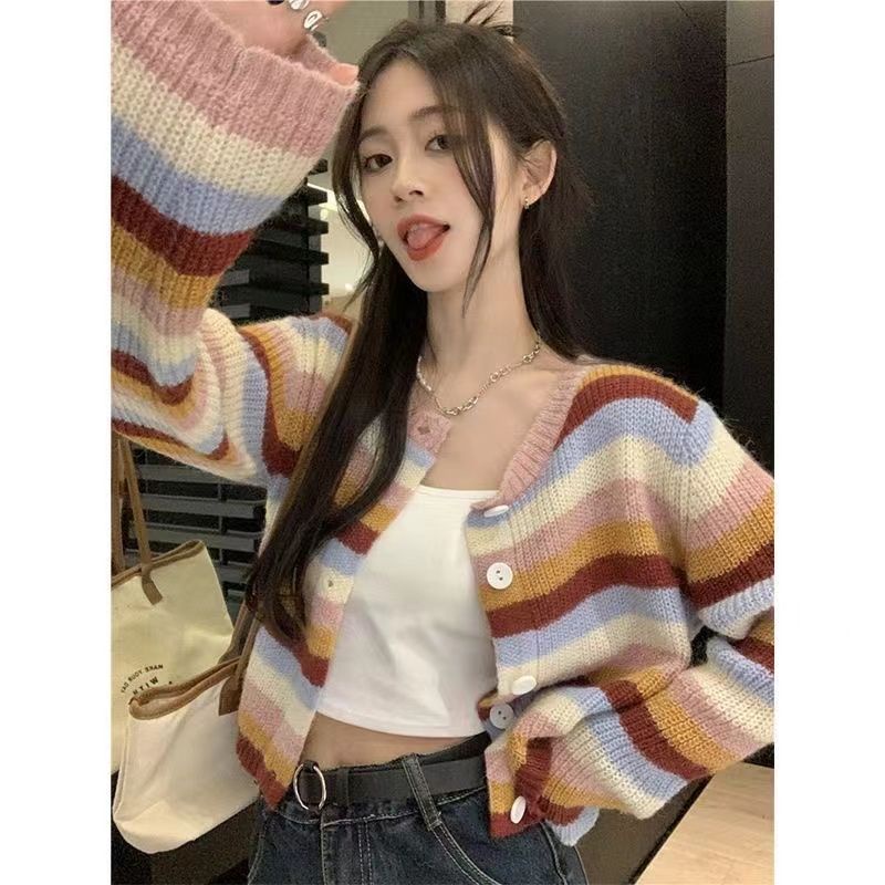 Áo Khoác Cardigan Dệt Kim Dáng Rộng Họa Tiết Kẻ Sọc Màu Cầu Vồng Phong Cách Phương Tây Thời Trang Cho Nữ