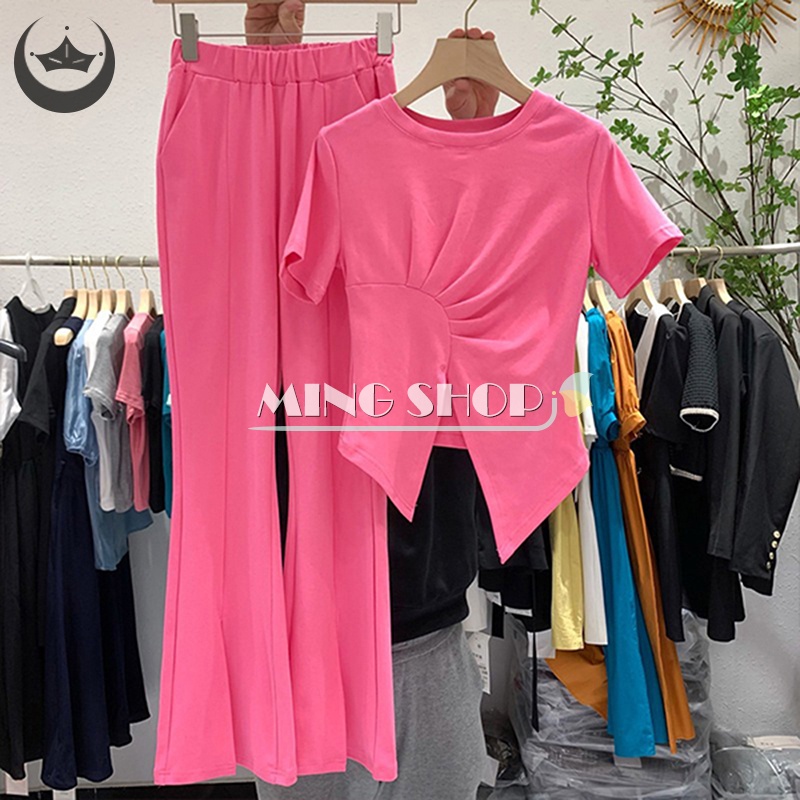 Set Đồ Thể Thao Áo Thun Tay Ngắn Phối Quần Dài Ống Loe Ôm Dáng Thời Trang Mùa Hè 2023 Cho Bạn Gái