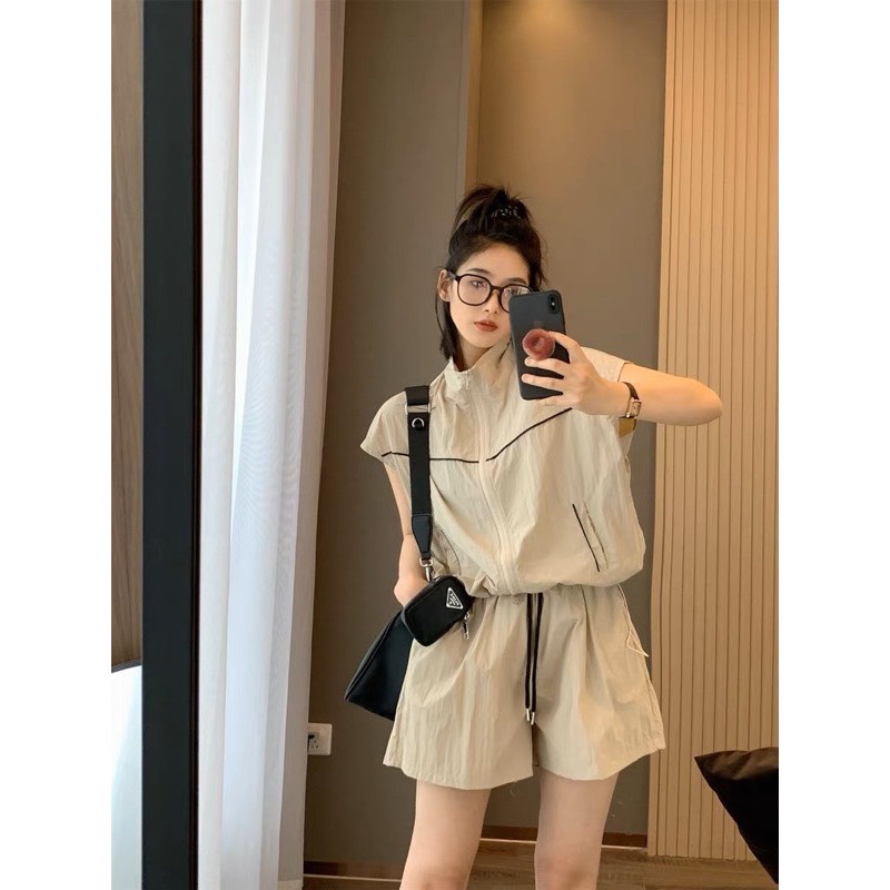 Set Bộ Thể Thao Nữ Áo Khoác Gió Khoá Kéo Sát Nách Viền Nổi Mix Quần Sooc Đùi Cùng Tone Freesize