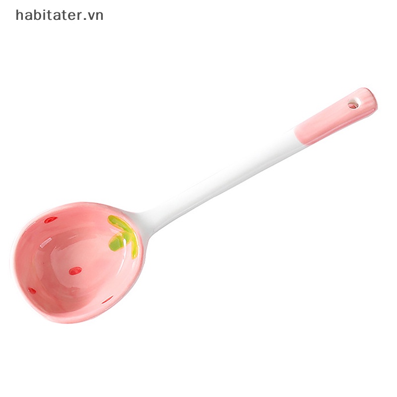 1 Muỗng Ăn Kem / Súp Bằng Sứ Tay Cầm Dài Họa Tiết Dâu Tây Dễ Thương Dùng Trong Nhà Bếp