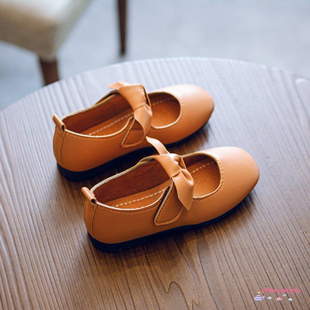 Solid Color Children PU Leather Shoes with Removable Bowknot Decor for Girls