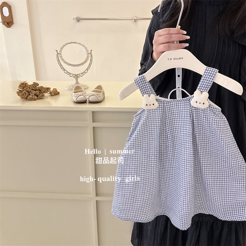 Đầm Hai Dây Cổ Búp Bê Họa Tiết Kẻ Sọc / Chú Thỏ Dễ Thương Thời Trang Mùa Hè 2023 Mới Cho Bé
