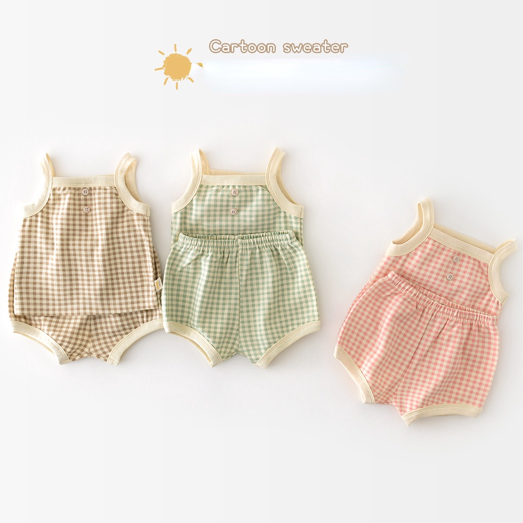 Bộ Áo Liền Quần Hai Dây + Quần Sooc Chất Liệu Cotton Họa Tiết Sọc Caro Thời Trang Mùa Hè Cho Bé 0-2 Tuổi