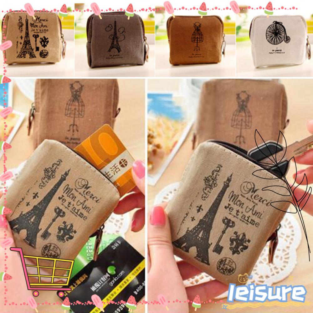 Túi tiền xu chất liệu vải canvas có khóa kéo phong cách retro dễ thương