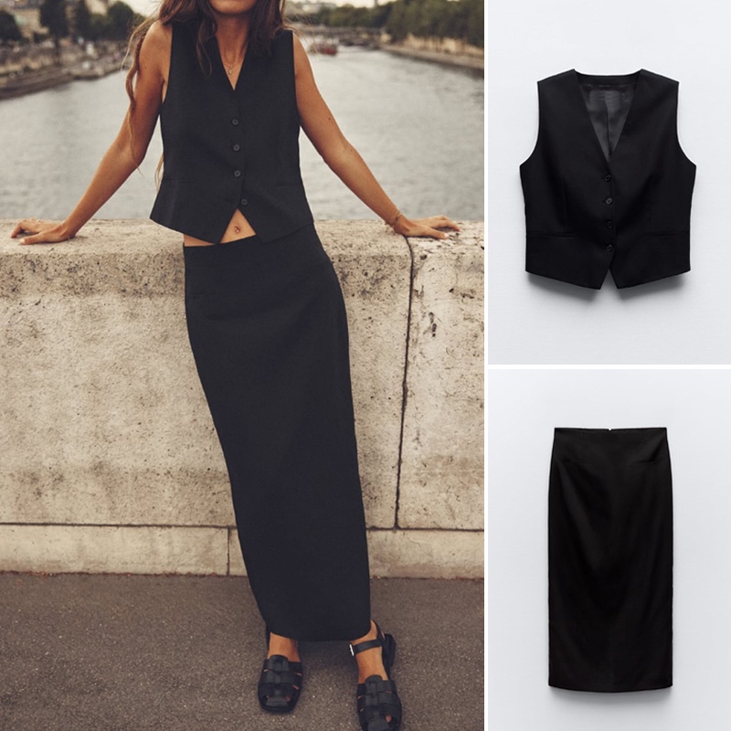 Zara Bộ Áo Lanh Không Tay + Chân Váy Lưng Cao Xinh Xắn Dành Cho Nữ7839967 7828967