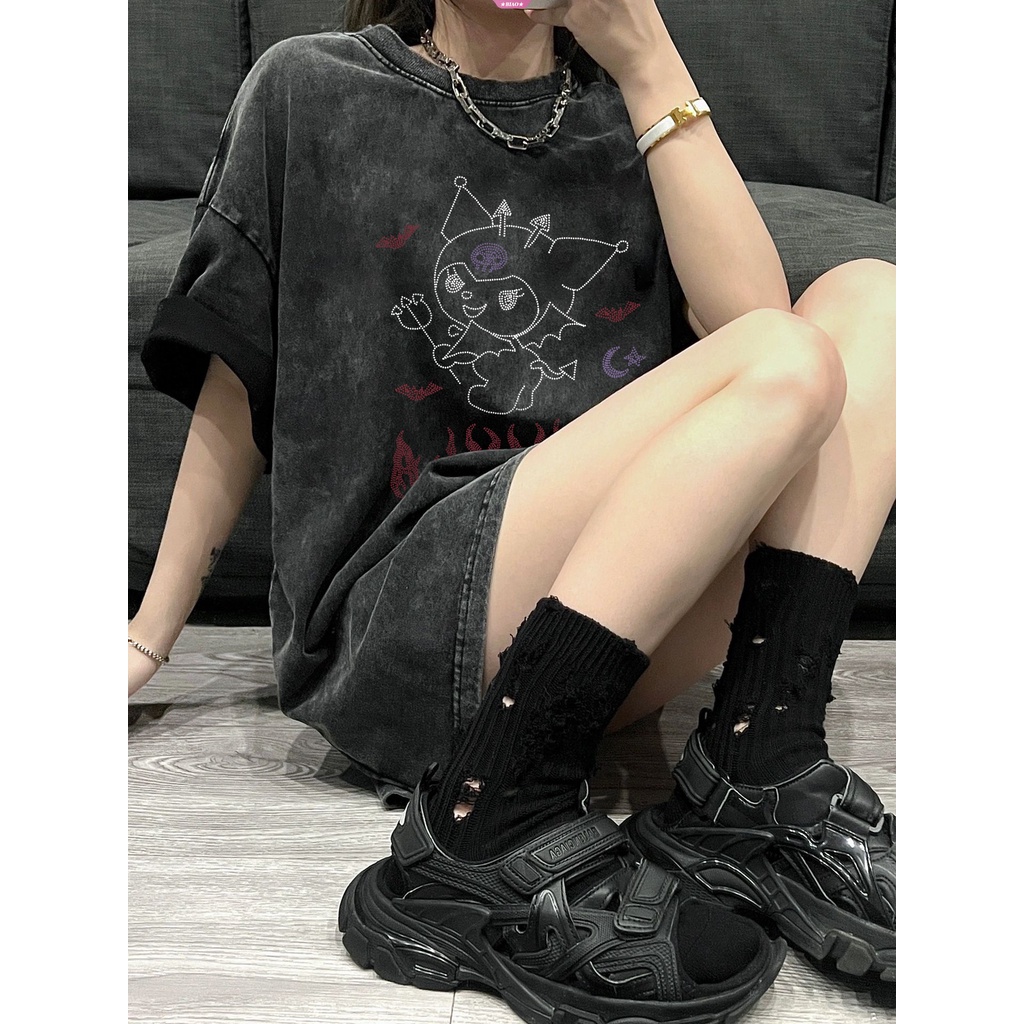 Áo Thun Tay Ngắn In Hình Kuromi Sanrio Y2K Dễ Thương Thời Trang Cho Cặp Đôi