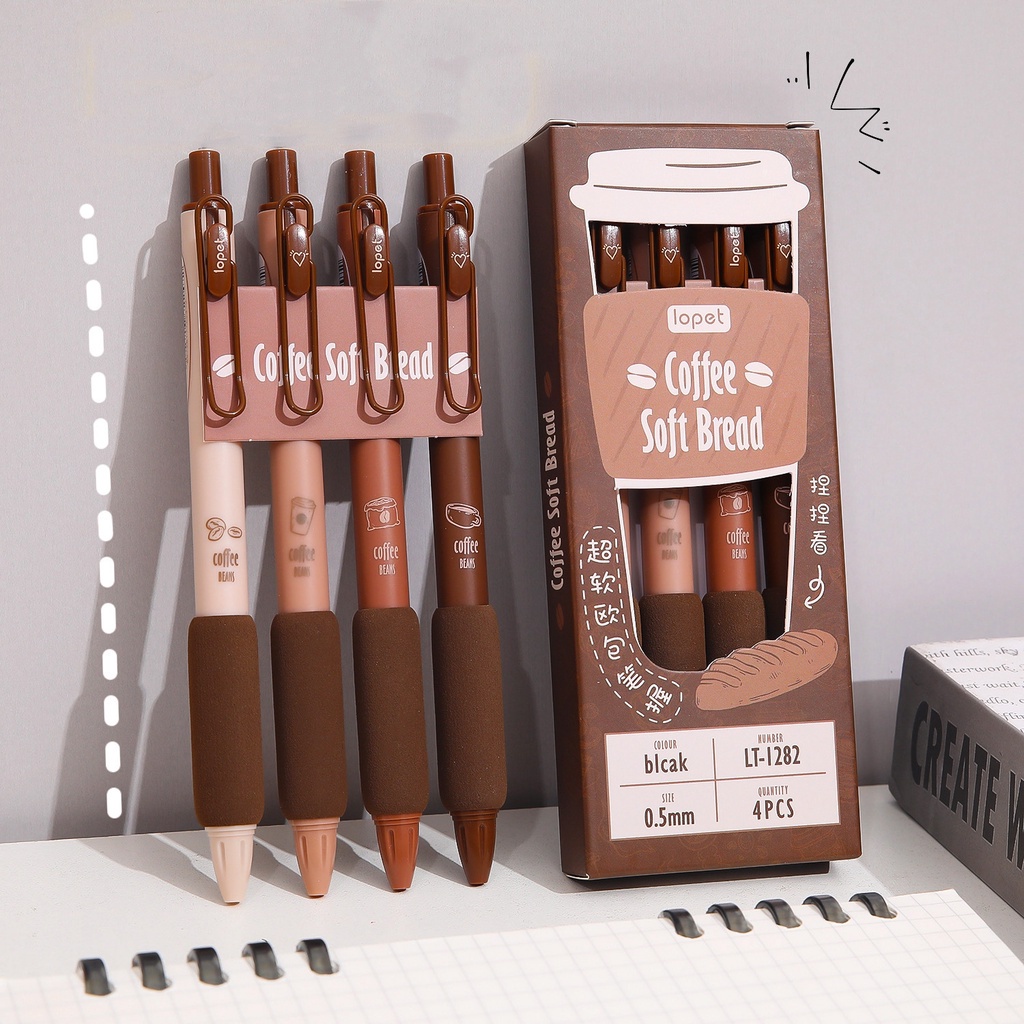 Bút Gel Bấm LOPET COFFEE Mực Đen Ngòi 0.5mm Phù Hợp Viết Sổ Calligraphy, Mực đều viết siêu êm