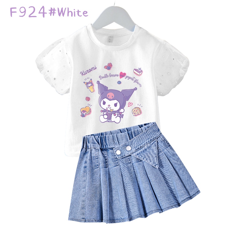 Bộ Áo Thun cotton In Hoạt Hình kuromi Phối Chân váy jean Xếp Ly Kiểu Hàn Quốc Thời Trang Cho Bé Gái