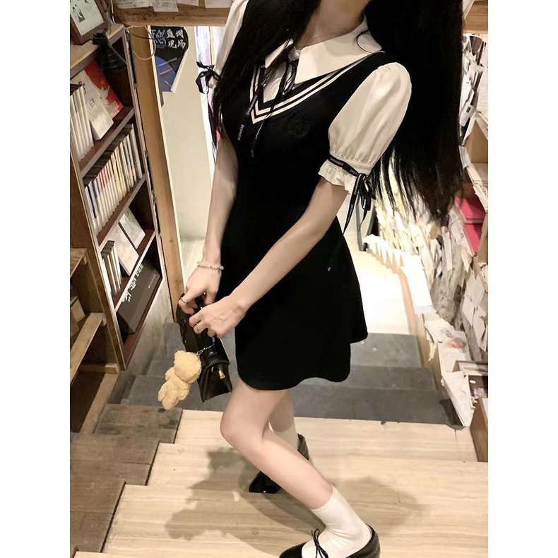 Bộ Đầm Giả Hai Mảnh Cổ polo Phong Cách Preppy Thời Trang Mùa Hè Dành Cho Nữ Sinh