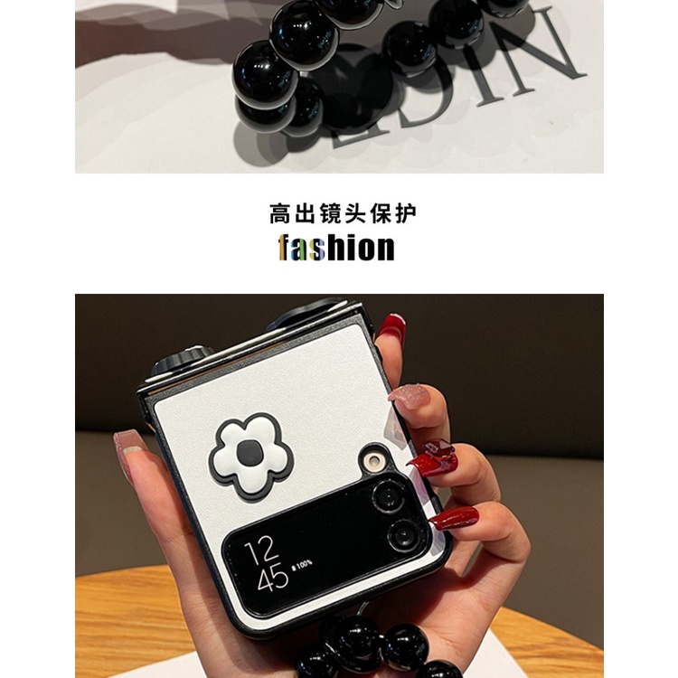 Ốp Điện Thoại Hình Hoa Màu Đen Phối Chuỗi Hạt Cho samsung galaxy z flip 5 4 3 5g flip5 zflip3 zflip4