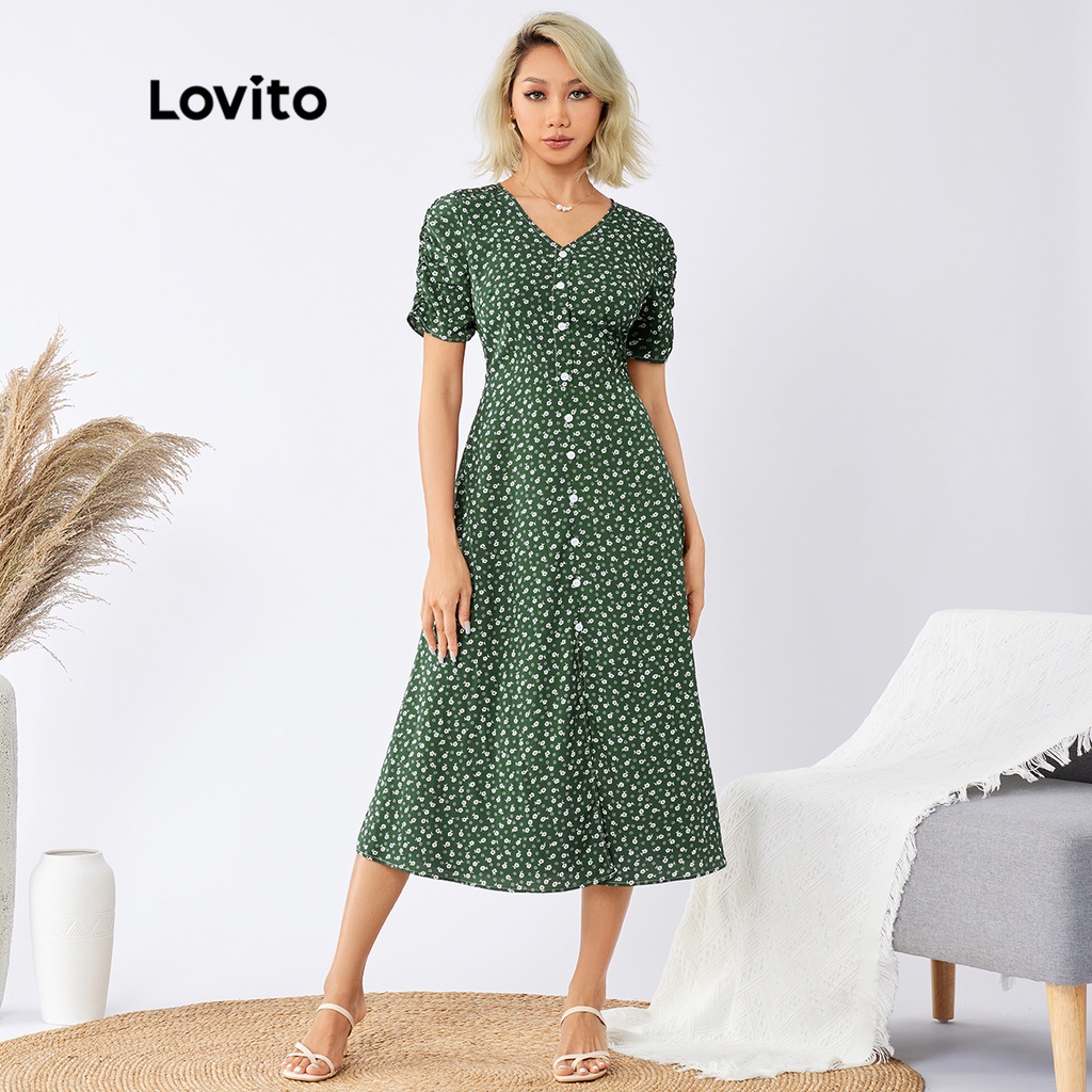 Đầm Lovito họa tiết hoa nhí cài nút phía trước phong cách boho L22Ed085 (màu xanh lá)