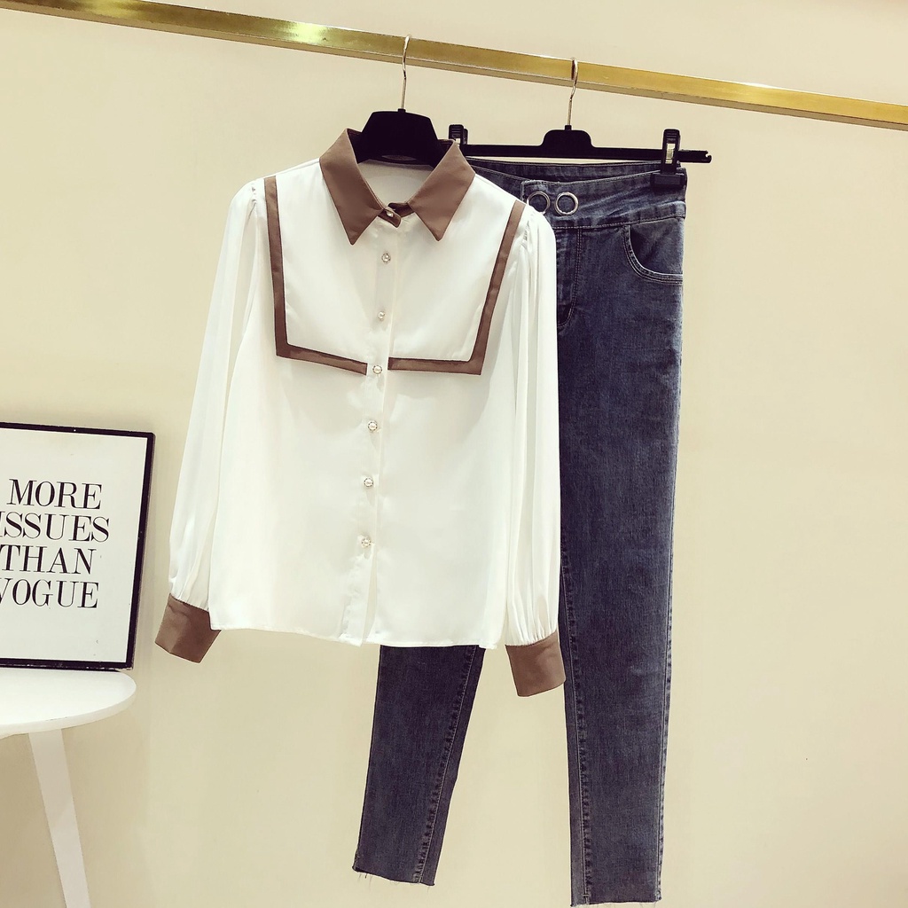 Áo Sơ Mi Tay Dài Có Cổ Phối Màu Tương Phản Thời Trang Mùa Thu 2023 Cho Nữ