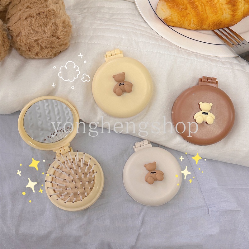 Lược Chải Tóc Mini Chống Tĩnh Điện Có Gương Soi Hình Gấu Hoạt Hình Dễ Thương Có Thể Gập Lại Cho Bé Gái