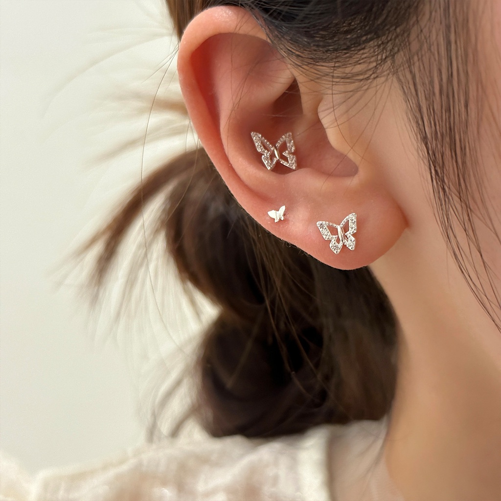 Bông Tai Mạ Bạc 925 Hình Bươm Bướm Đính Đá Zircon Thời Trang