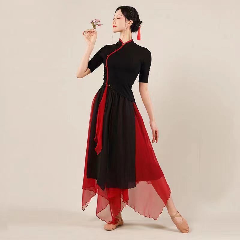 Áo Sườn Xám Ngắn Tay Màu Đen Phong Cách Trung Hoa Cổ Điển Cho Nữ Tập Múa