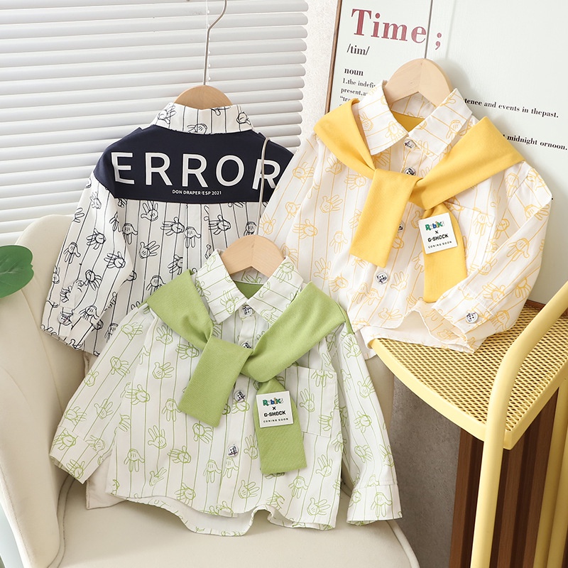 Áo Sơ Mi Cotton Tay Dài Họa Tiết Kẻ Sọc Kèm Khăn Quàng Cổ Thời Trang Hàn Quốc Cho Bé Trai