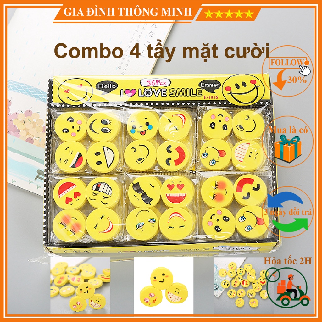 Vỉ 4 gôm tẩy bút chì icon hình mặt cười nhiều biểu cảm ngộ nghĩnh, mềm, dẻo, tẩy sạch.