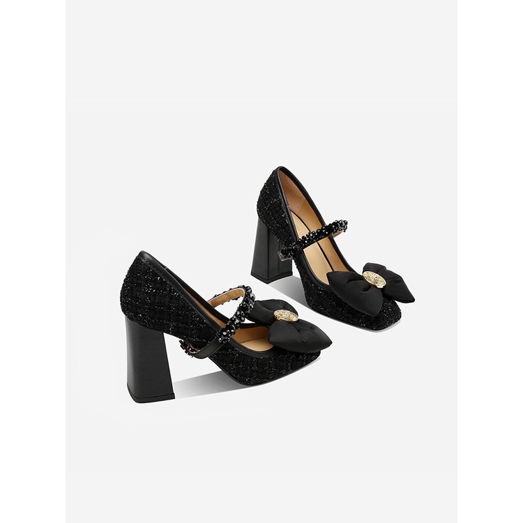 Giày Cao Gót Da PU Miệng Nông Đính Nơ Dễ Thương Cho Nữ