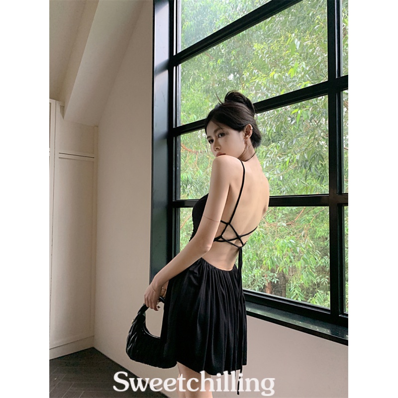 SweetChilling Đầm Múa Ba Lê Hai Dây Hở Lưng Dáng Chữ A Màu Đen Thời Trang Mùa Hè Quyến Rũ Cho Nữ