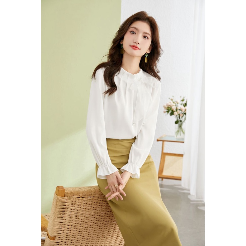 Áo Sơ Mi Chiffon Tay Dài Đính Nơ Thời Trang Mùa Xuân 2024 Cho Nữ