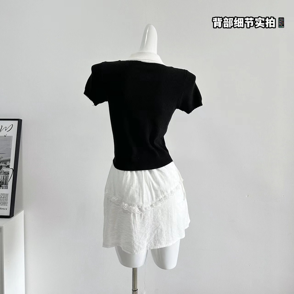 Xiao flesh Áo Thun polo Dệt Kim Ngắn Tay Dáng Ôm Phong Cách Pháp Thời Trang Mùa Hè Dành Cho Nữ 1cbg
