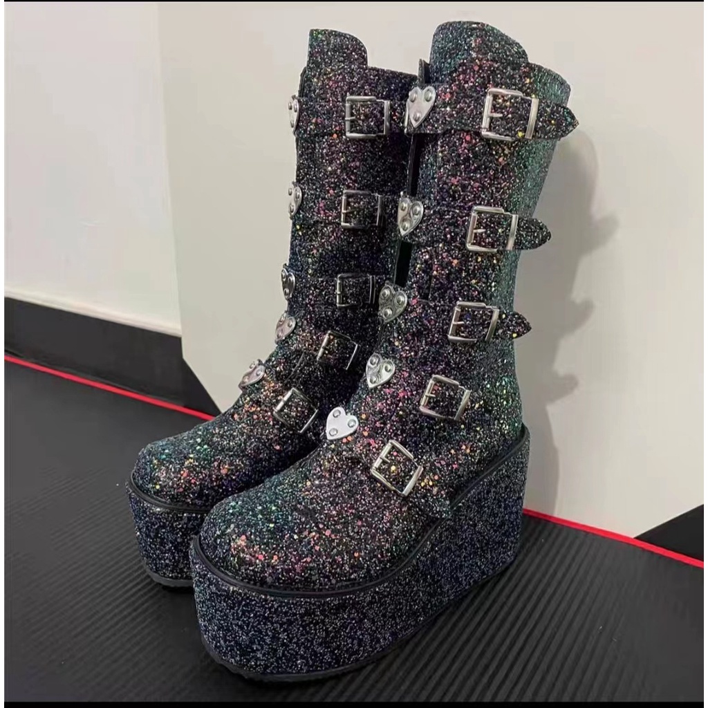 Trạm độc lập kích thước lớn martin boots phụ nữ tròn ngón chân dày-chữa gót da sáng bóng dây kéo lưng giữa-ống boots