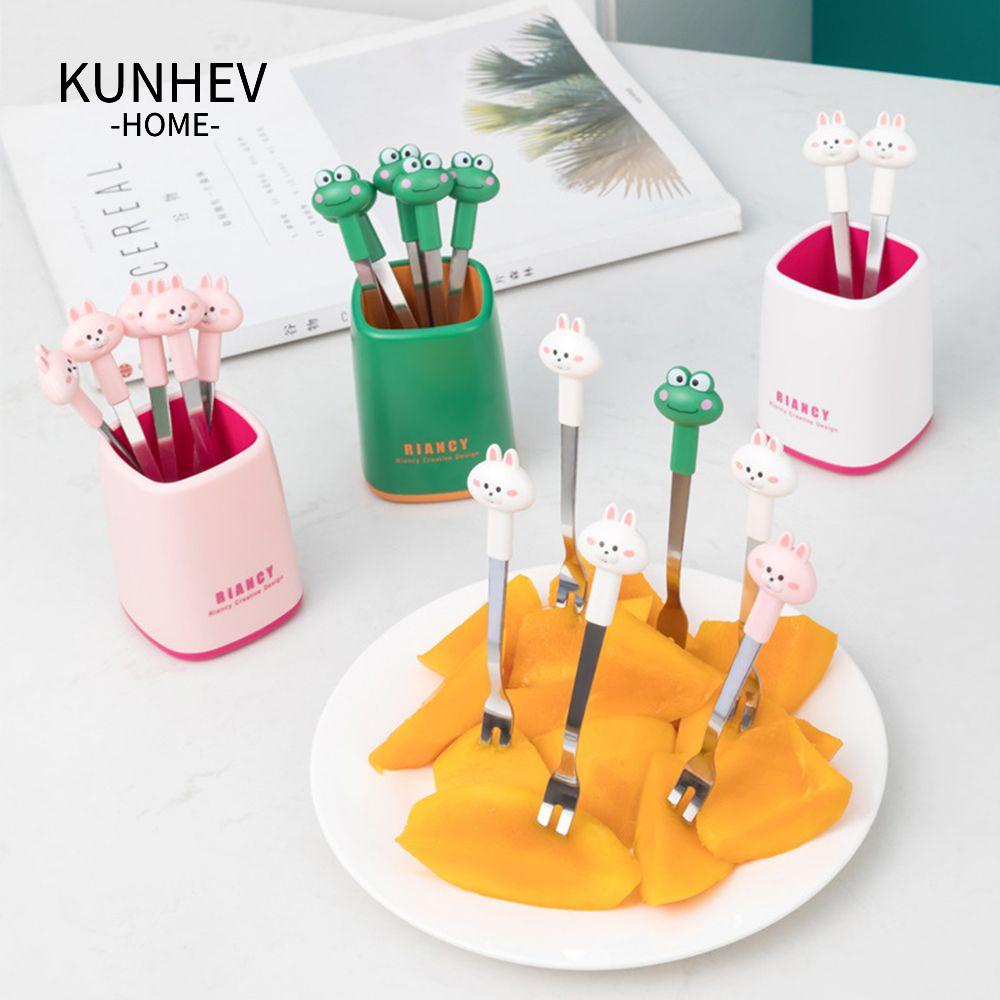 KUNHEV Set 6 Nĩa Ăn Trái Cây Hình Ếch Thỏ Bằng Thép Không Gỉ