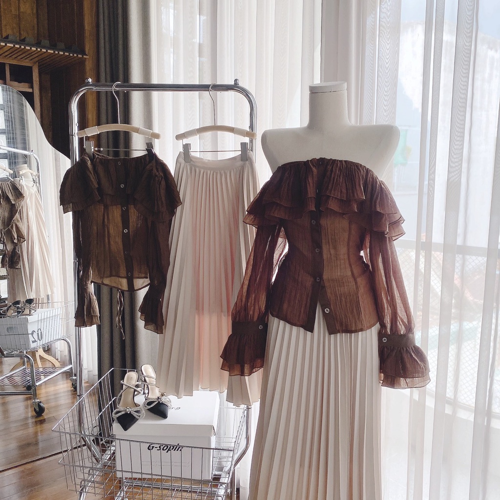 Set nâu trễ vai tay loe+chân váy midi dập ly