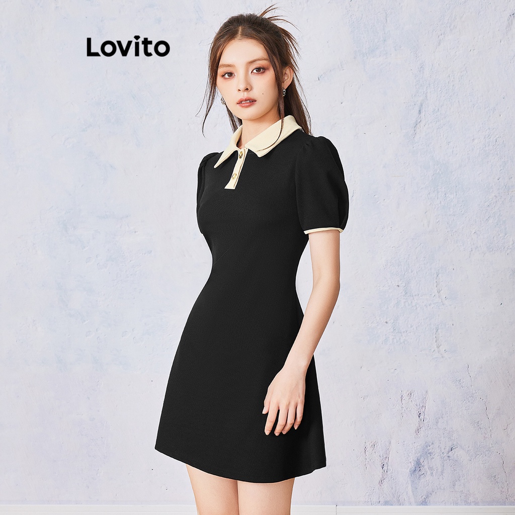 Đầm thun gân midi Lovito ôm sát viền màu tương phản thời trang thường ngày cho nữ L55AD057