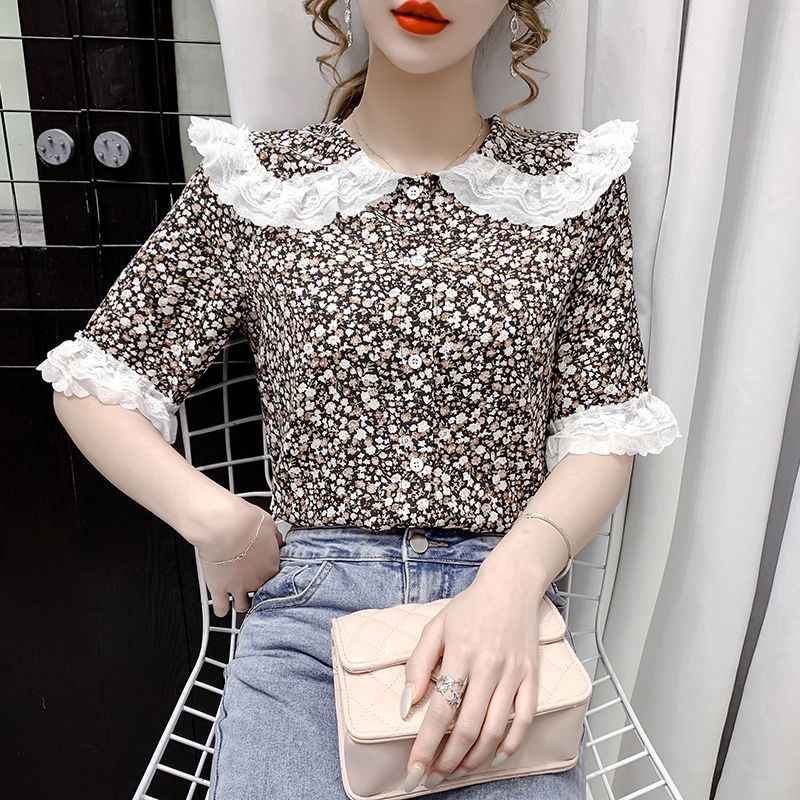 Áo sơ mi voan ngắn tay hoa nữ thời trang peter pan cổ áo đơn giản slim-fit hình tâng bốc top