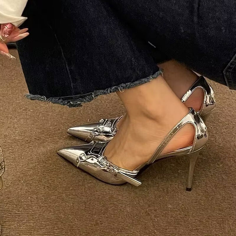 Silver-toned point-toe heels thời trang nữ dép punk đa năng buckled strappy stiletto heels