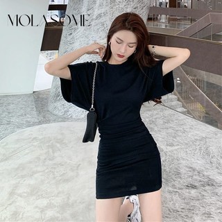 MOLASOME Nữ Tính Khí Màu Đen Cổ Tròn Tay Ngắn Slim Fit Đầm