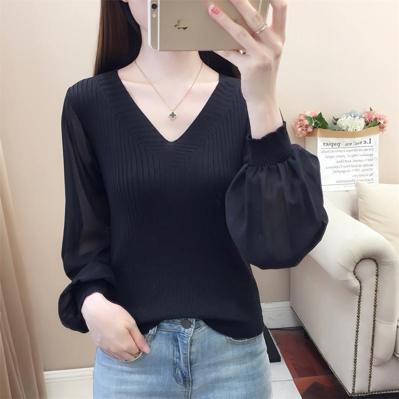 Áo Len Dài Tay Cổ Chữ v Màu Đen Phong Cách Phương Tây Thời Trang Mùa Thu 2023 Dành Cho Nữ