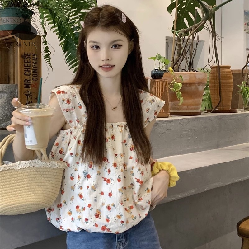 Áo 2 dây bản to CRLNHC hoa retro cổ vuông form rộng ngọt ngào mùa hè