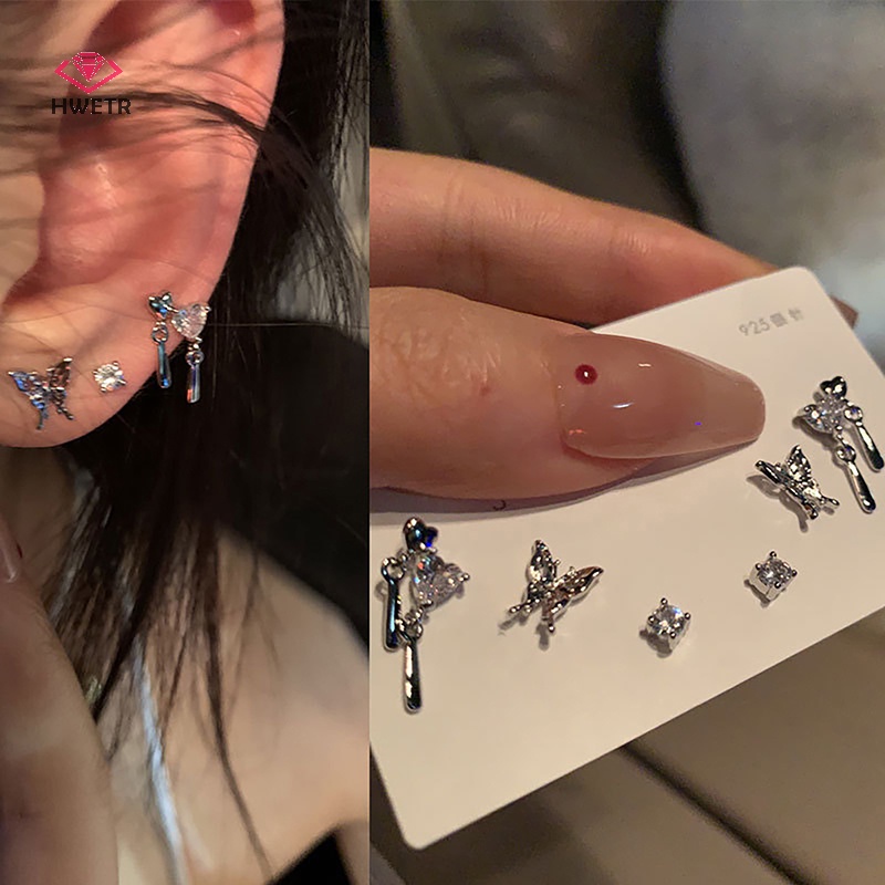 6 Khuyên tai HWETR kiểu bướm đính đá zircon pha lê đơn giản thời trang dành cho nữ