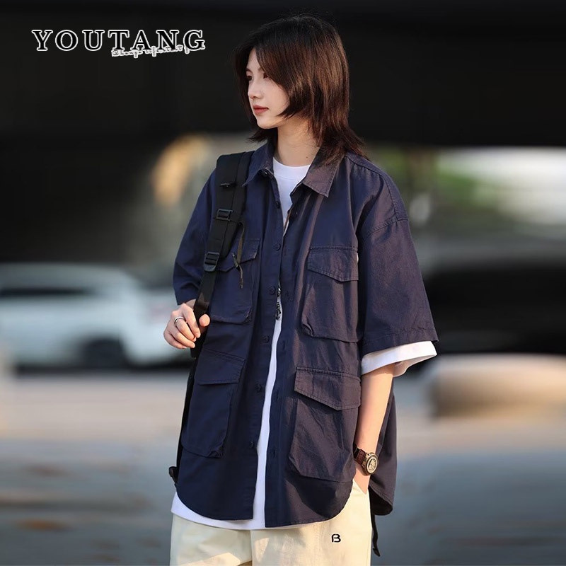 Áo sơ mi YOUTANGtay ngắn phong cách retro Nhật Bản oversize thời trang mùa hè mới cho nam