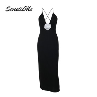 SweeticMe Nữ Thời Trang Mới Hoa Cổ Chữ V Sâu Gợi Cảm Lưng Ôm Vừa Vặn Đầm Dài