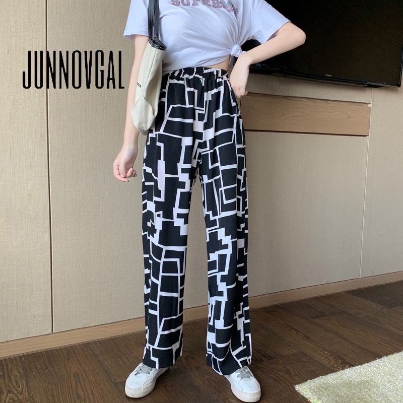 Junnovgal women 2023 thời trang mới màu đen và trắng kẻ sọc lớn quần âu ống rộng