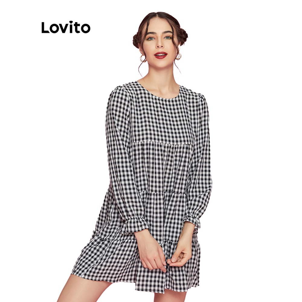 Lovito đầm xếp nếp dáng rộng kẻ sọc caro dễ thương L09190 (màu đen)