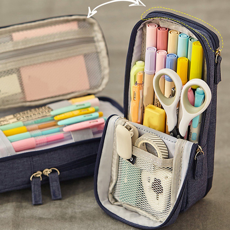 Set 2 Túi Đựng Bút Hai Ngăn Có Thể Gập Lại Màu Hồng Và Đen