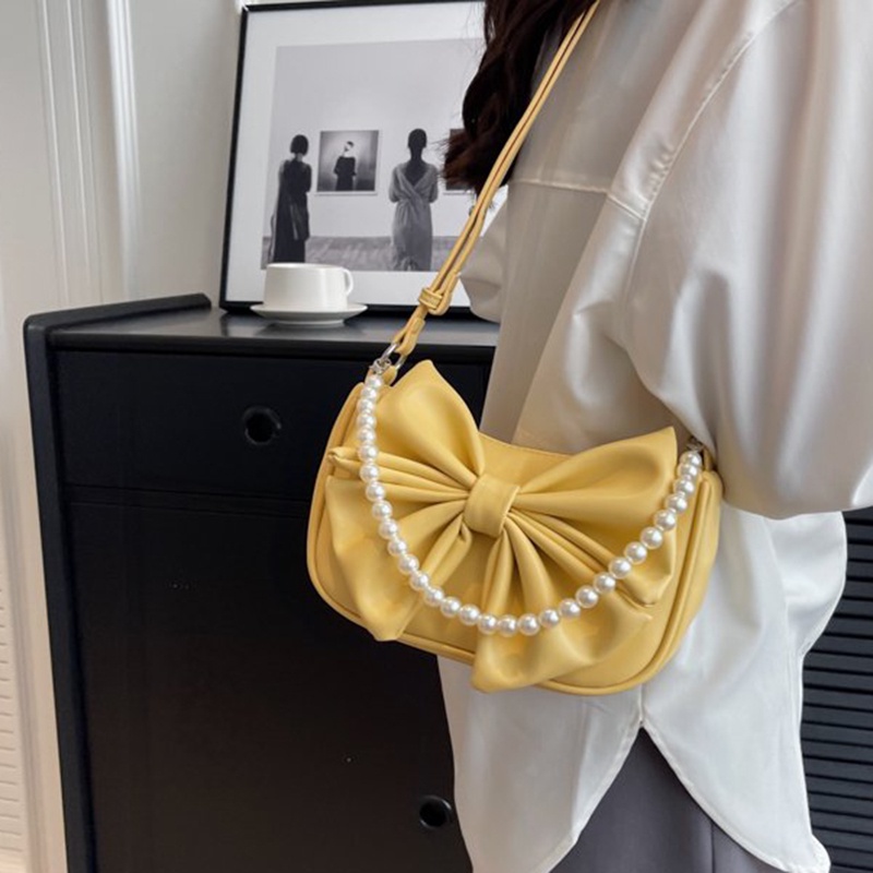 Túi đeo vai IELGY trang trí nơ và chuỗi hạt ngọc trai nhân tạo nhỏ gọn thời trang dành cho nữ