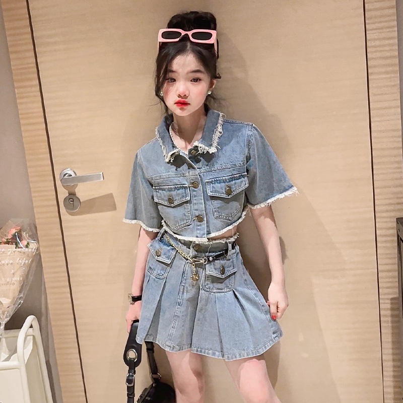 Set Áo Sơ Mi Ngắn Tay + Chân Váy Denim Thời Trang Mùa Hè Cho Bé Gái