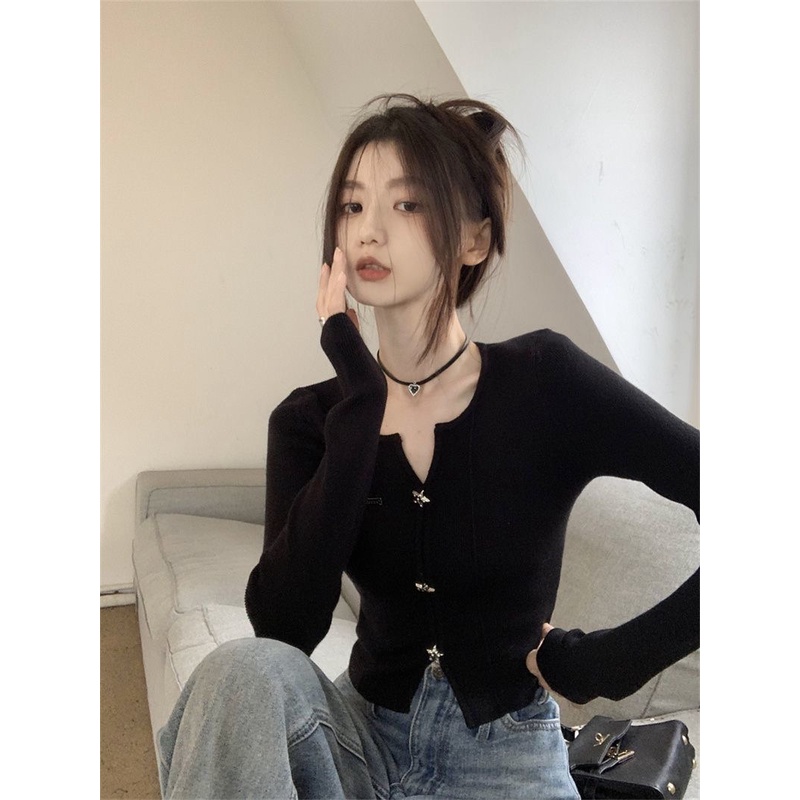 Áo Thun Dệt Kim Tay Dài Cổ Chữ V Dáng Ôm Phong Cách Hàn Quốc Dành Cho Nữ