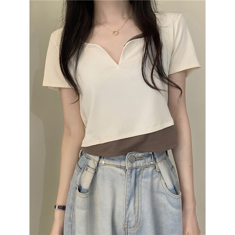 SUXI Áo Thun Ngắn Tay Cổ V Lưng Cao Thời Trang Mùa Hè Cho Nữ