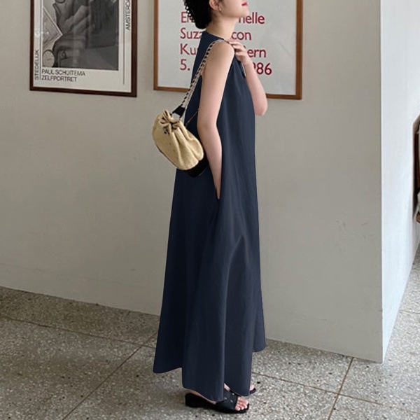 Đầm Dài Cổ Tròn Không Tay Bằng Vải Lanh Cotton Plus Size Dành Cho Nữ